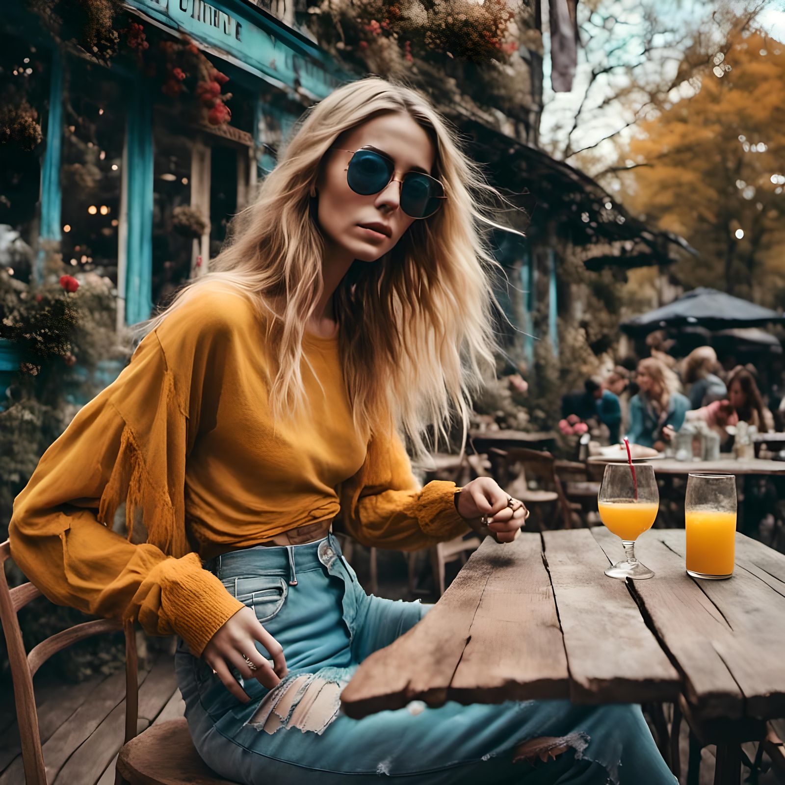 Woman in Cafe with Sunglasses, Warm Lighting