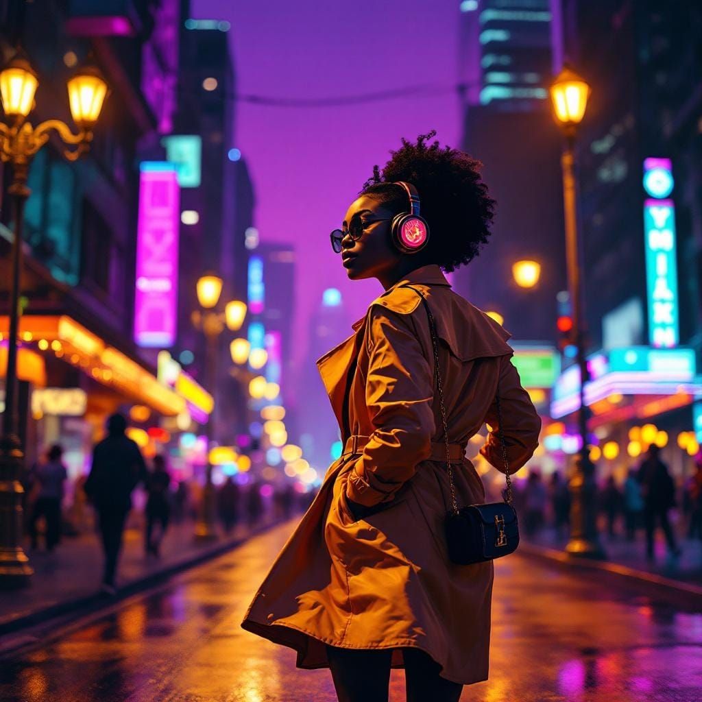 Woman Walks Through Jazz-Infused City at Night
