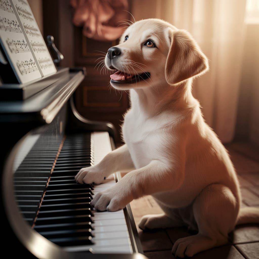 Golden Retriever Puppy Plays Grand Piano in Serene Music Roo...