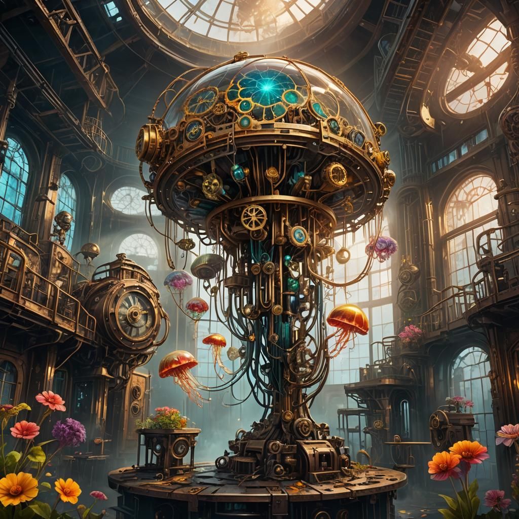 Steampunk Jellyfish and Flowers in Abandoned Laboratory
