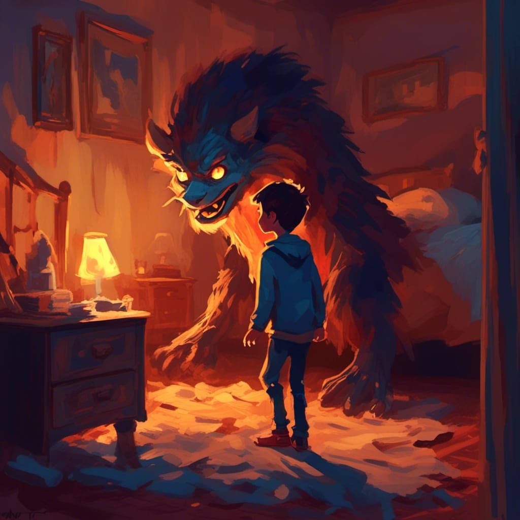 <lora:SybilThorn-LORA4:1.0> a little boy making friends with the monster under his bed