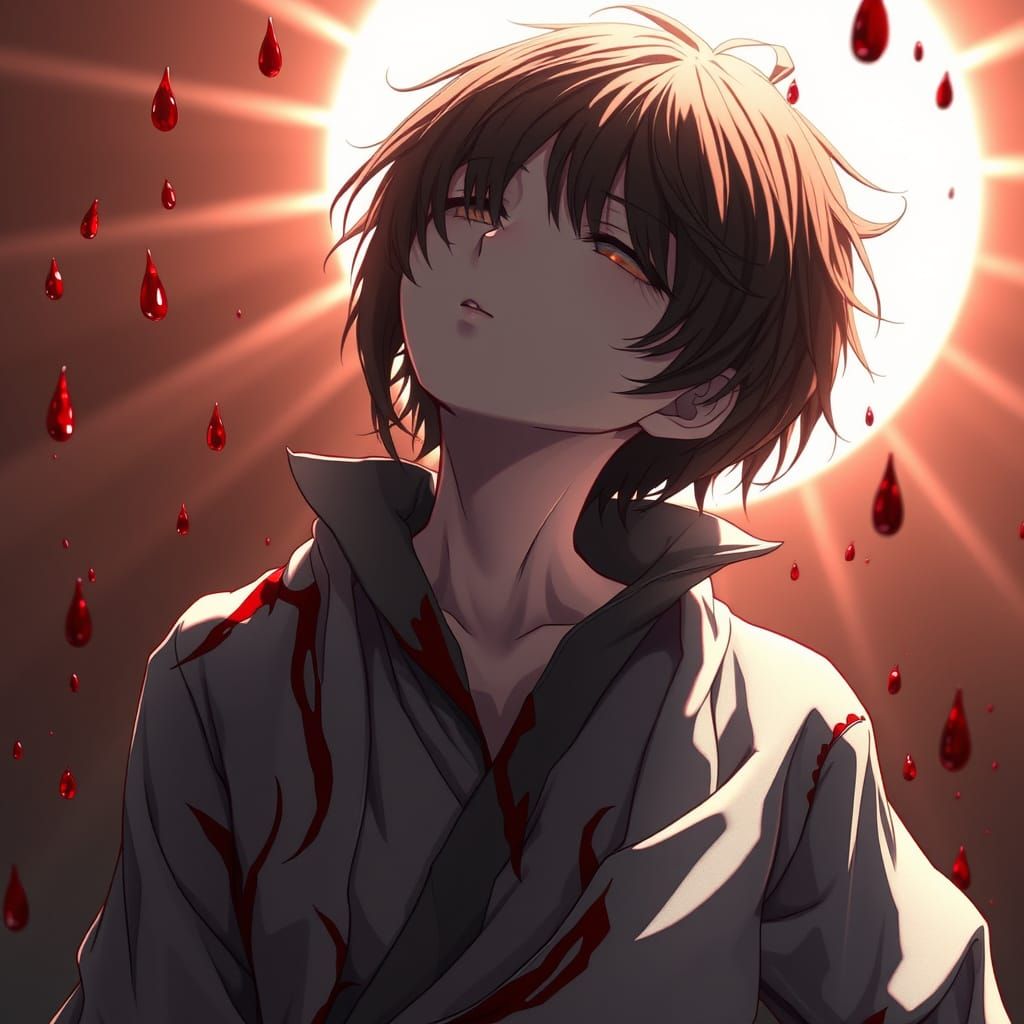 Wounded Figure Radiates Light Amidst Blood Droplets