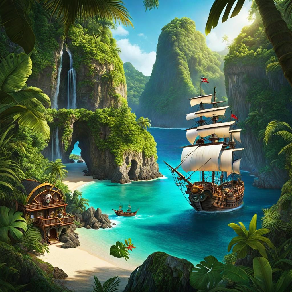 Lush Pirate Hideaway Cove with Waterfall