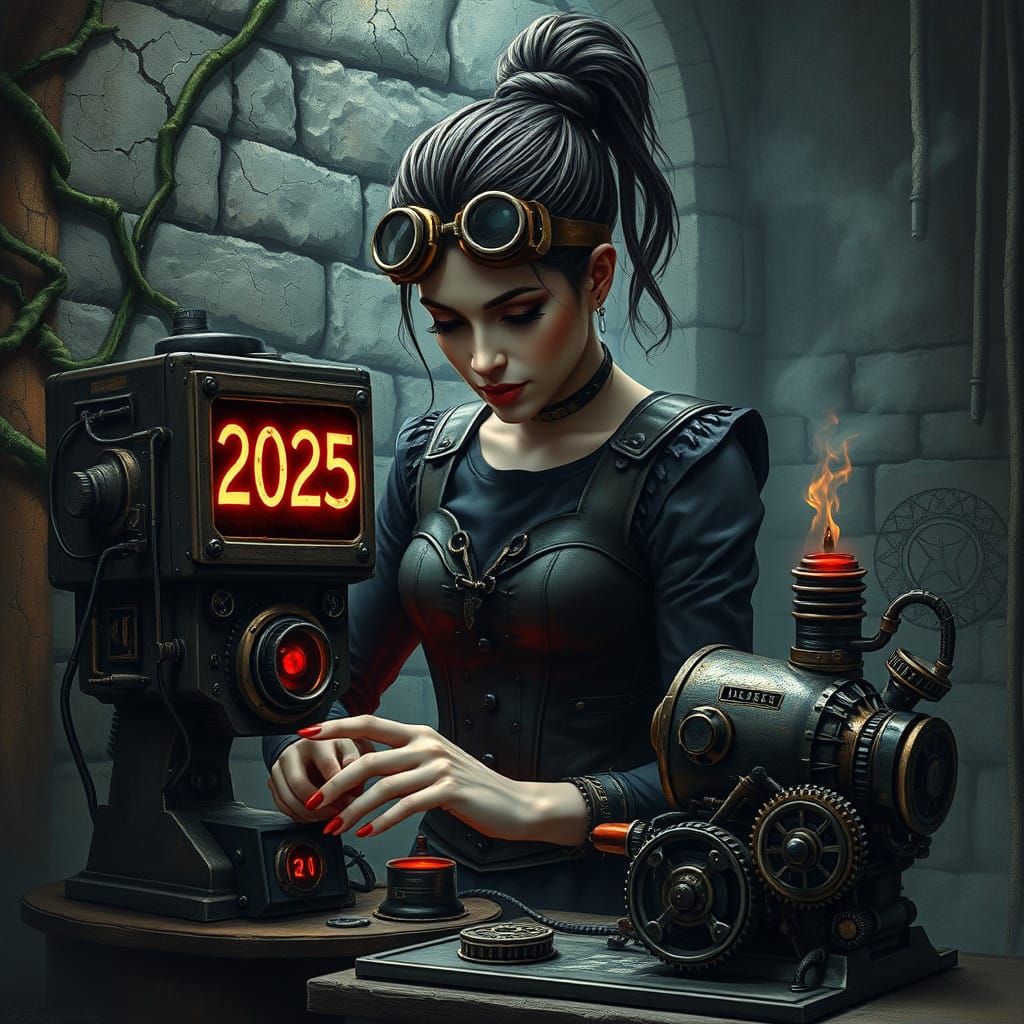 Steampunk Woman Brings Dystopian Machine to Life Amid Ruins