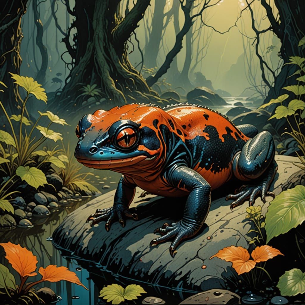 Japanese Firebelly Newt in Forest, Illustrative Style