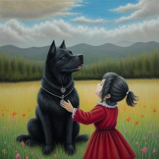 Surreal Black Dog in Whimsical Oil Pastel Style