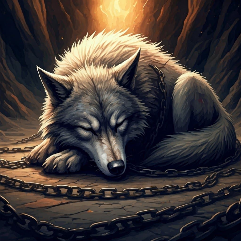 Chained Fenris Wolf in Sinister Horror Scene