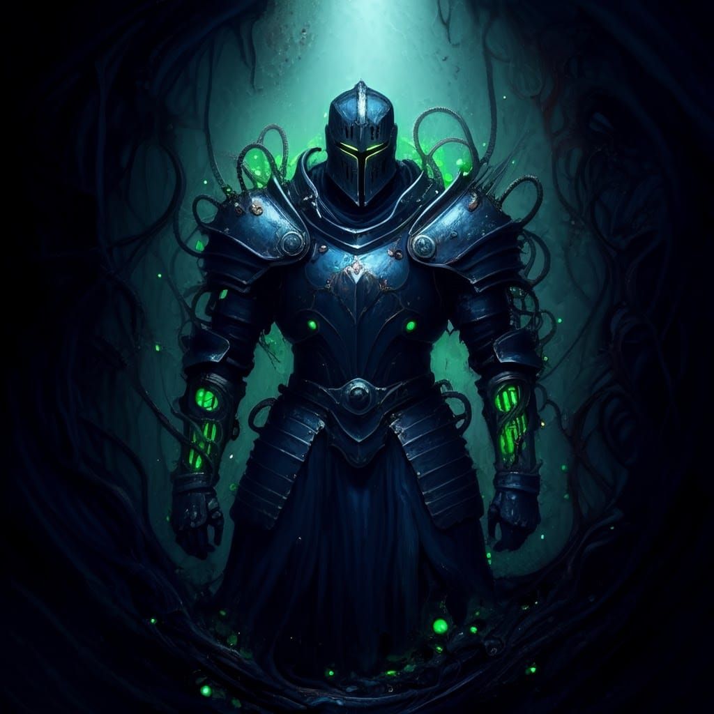Biomechanical Knight in Void with Green Circuitry