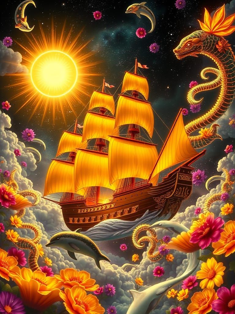 Nebula Treasure Ship with Neon Sea Serpent