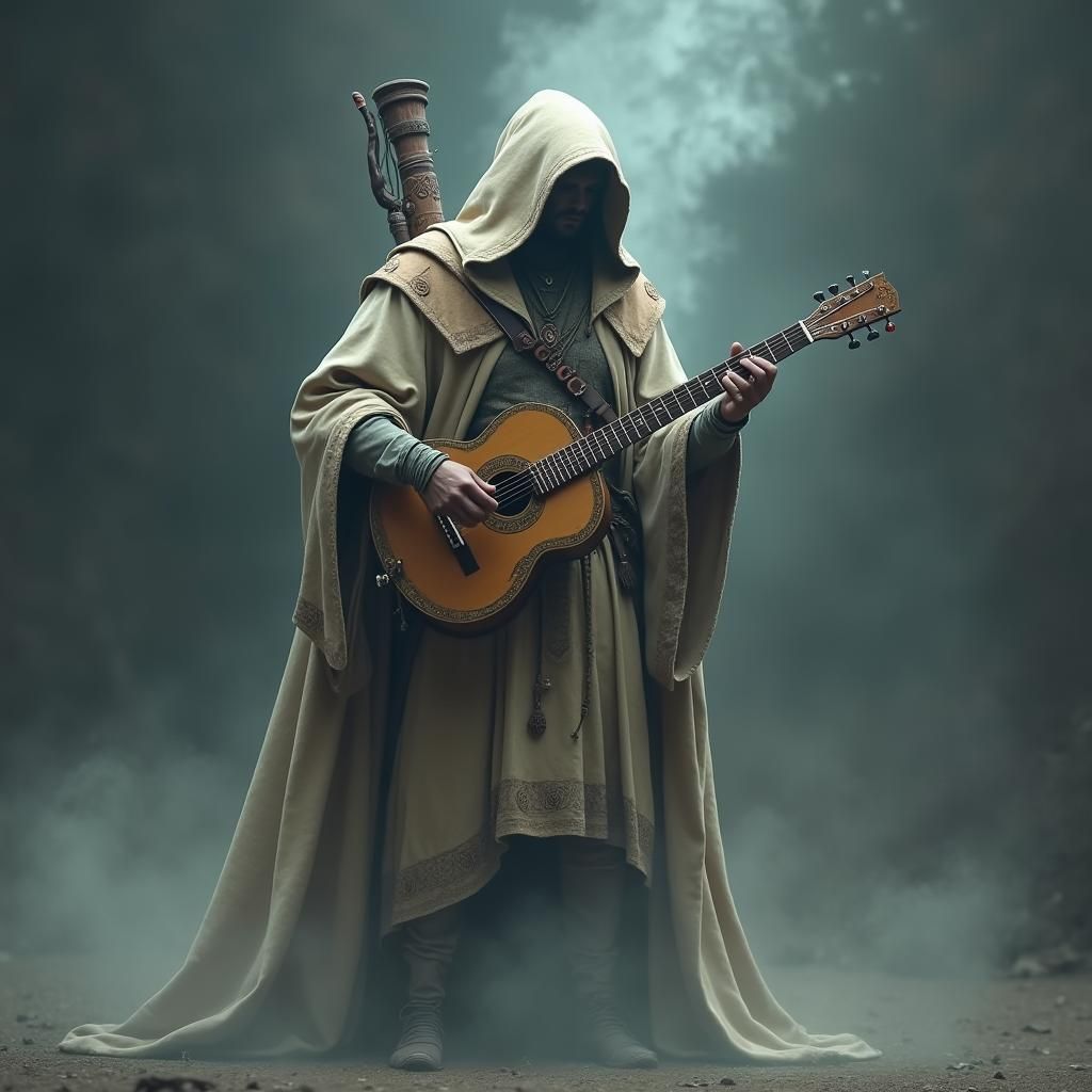 Mystical Fog Bard with Lute in Fantasy Style