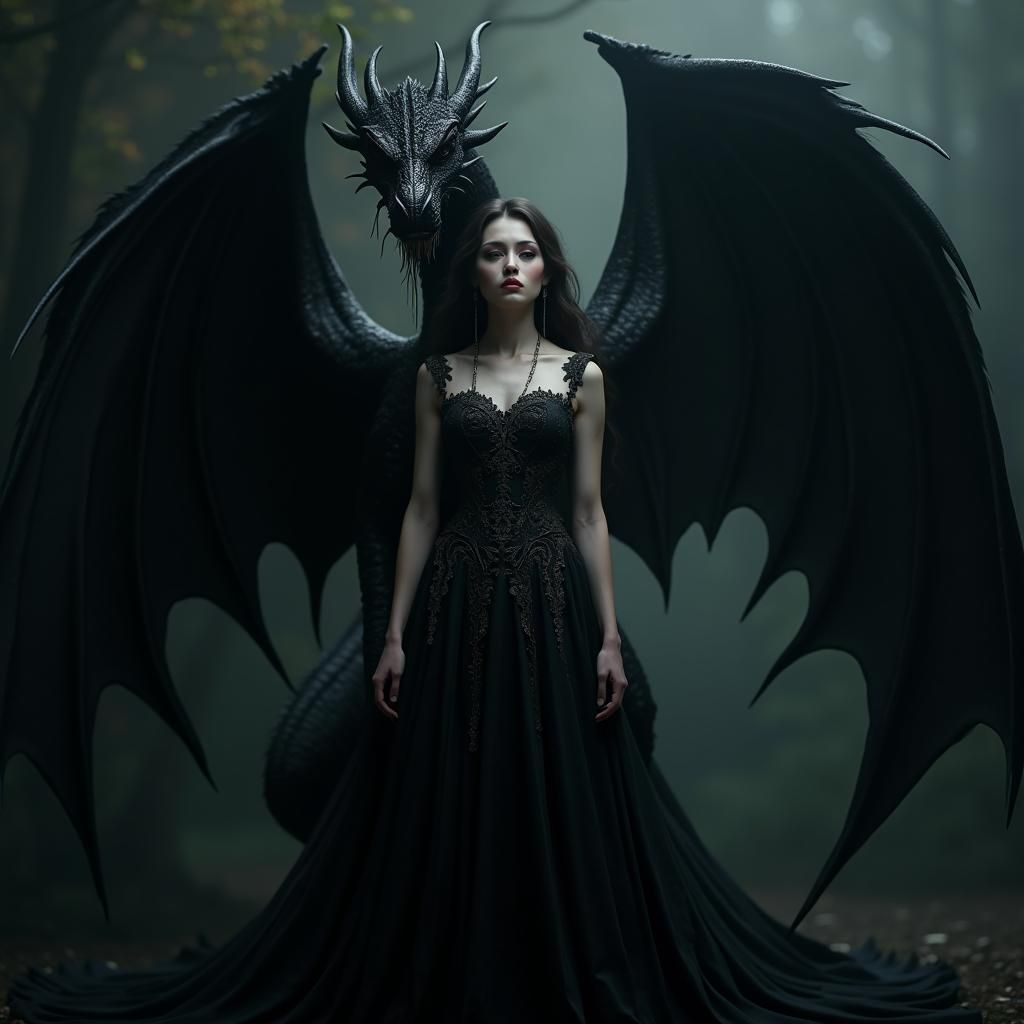 Gothic Woman Protected by Dragon in Dark Fantasy Style