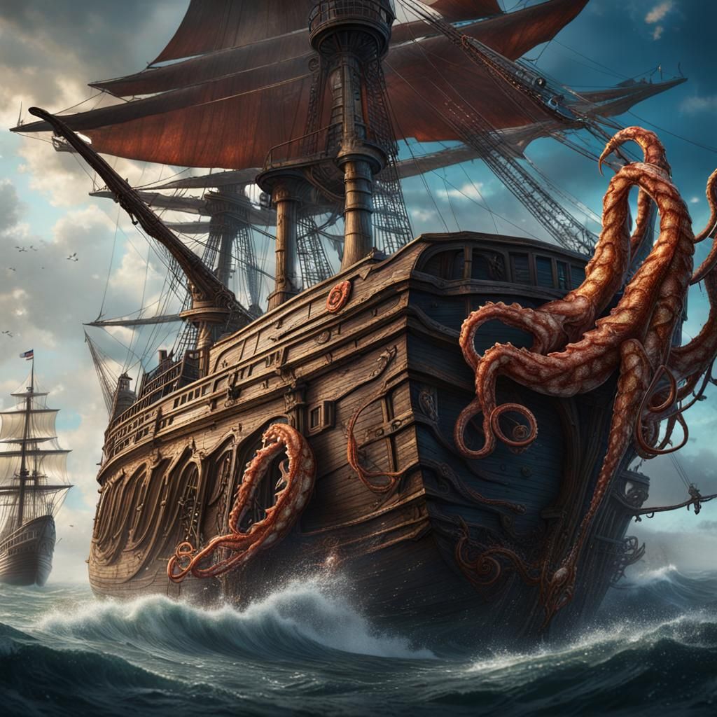 Giant Squid Attacking Sailing Ship: Fantasy Art