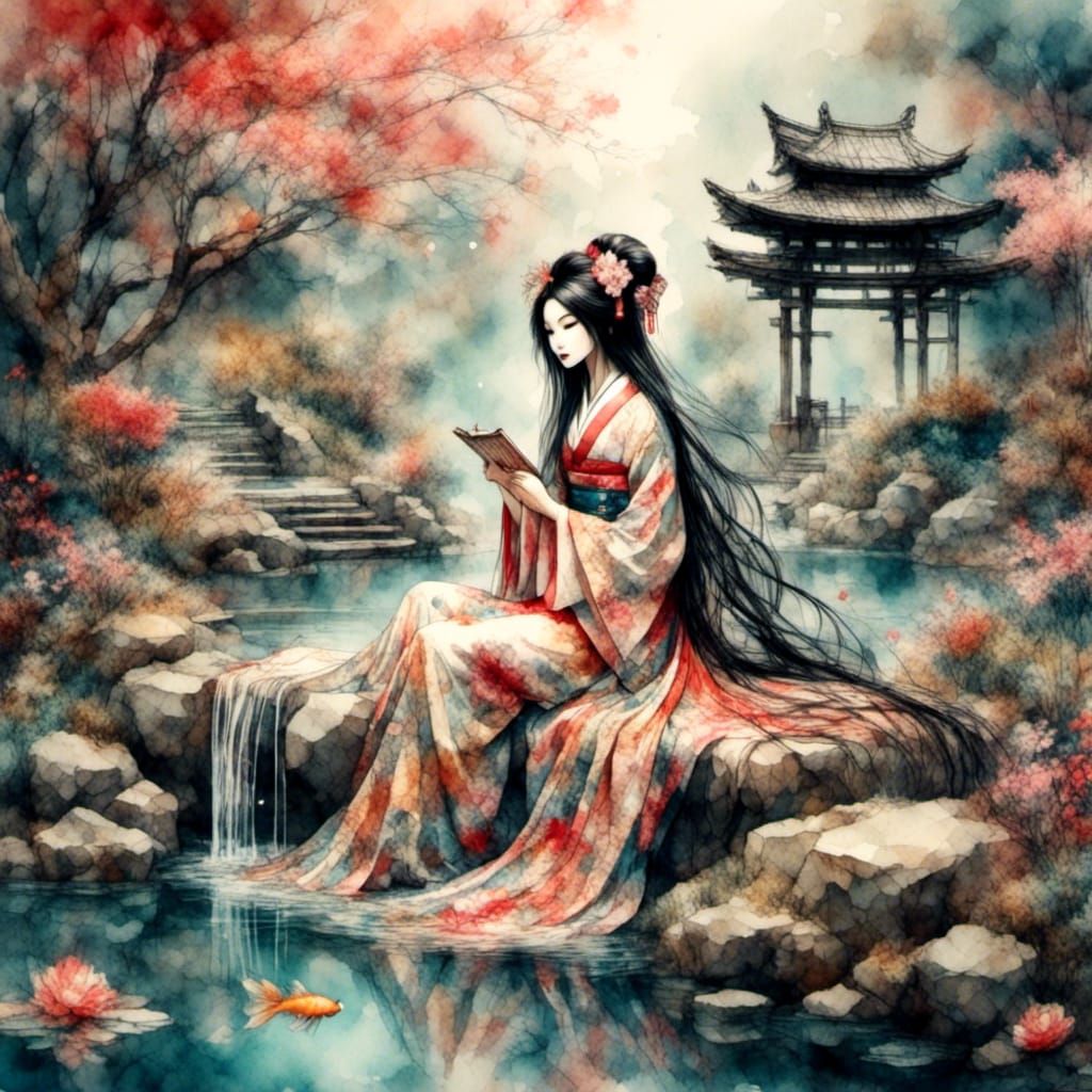 Beautiful Geisha Playing Harp in Magical Forest