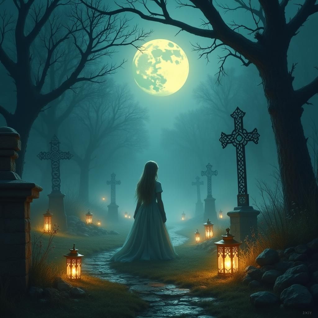 Ethereal Pet Cemetery Scene in Fantasy Art Style