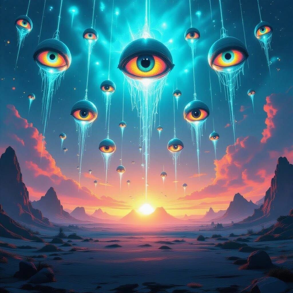 Alien Landscape with Suspended Eyes and Glowing Hieroglyphs