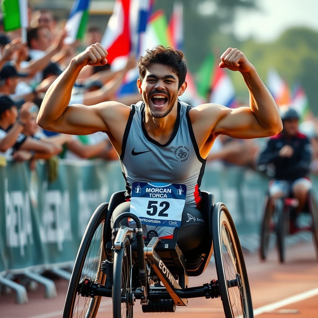 An excited Hispanic male para-athlete with determination in ...