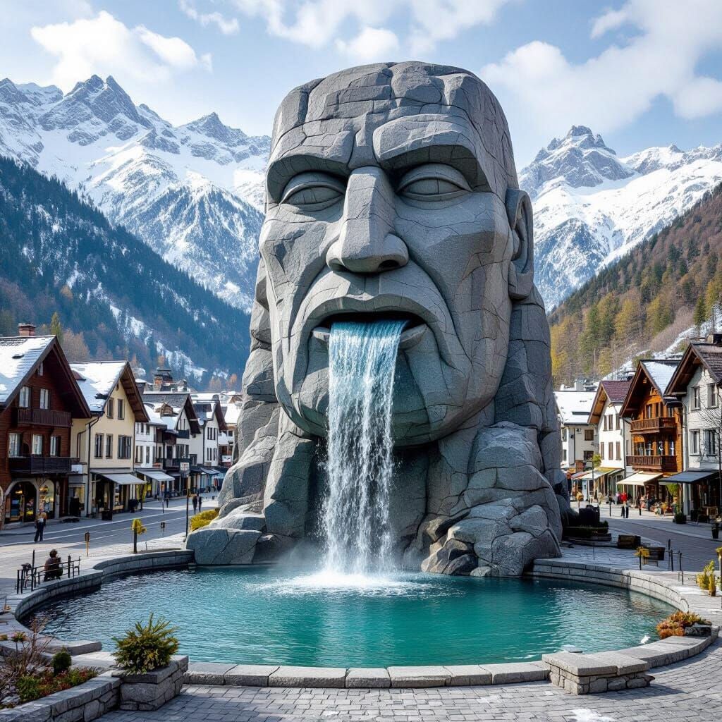Mountain Town Statue with Waterfall