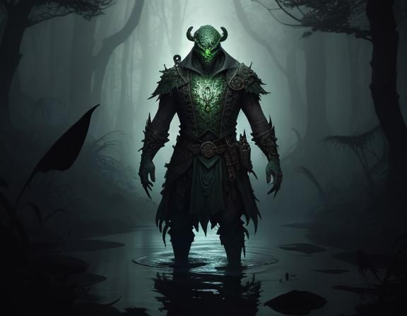Menacing Bullywug in Murky Swamp: Dark Fantasy Art