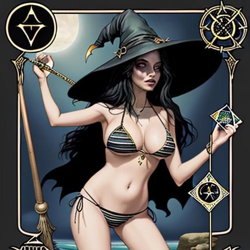 Bikini Witch Holding Tarot Cards
