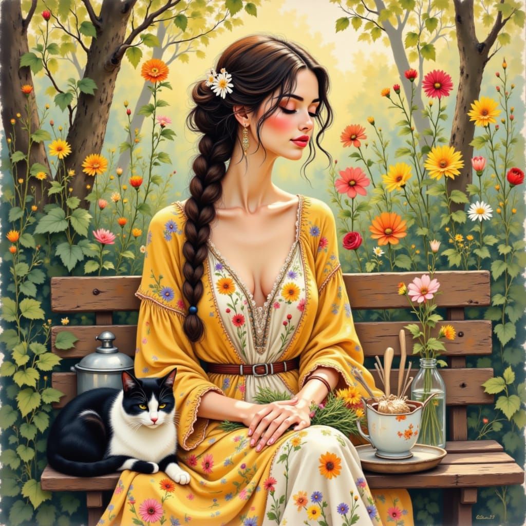 Beautiful Woman in Boho Dress in Sunny Garden