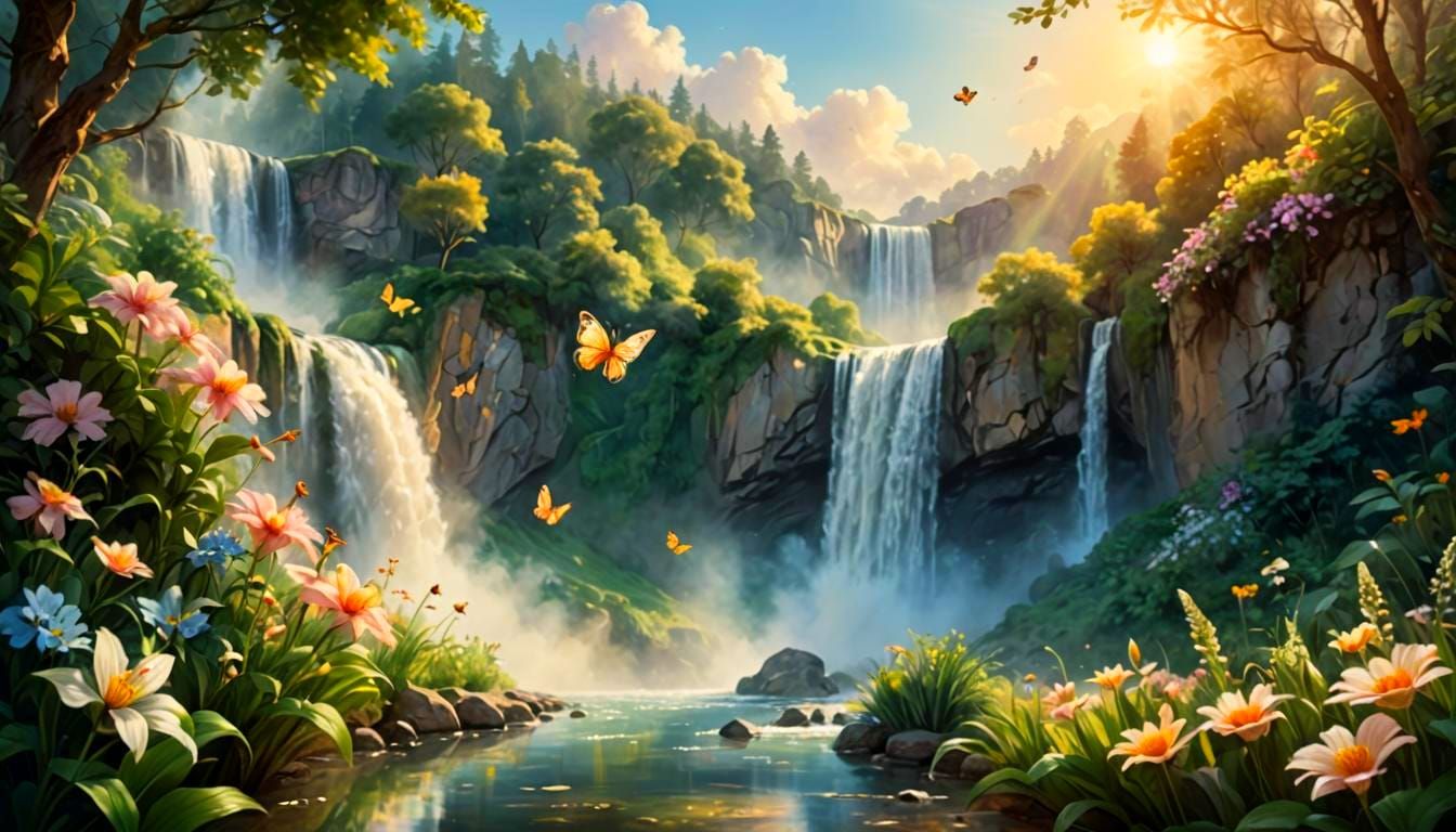 Fairytale Paradise Waterfall with Flowers and Butterflies