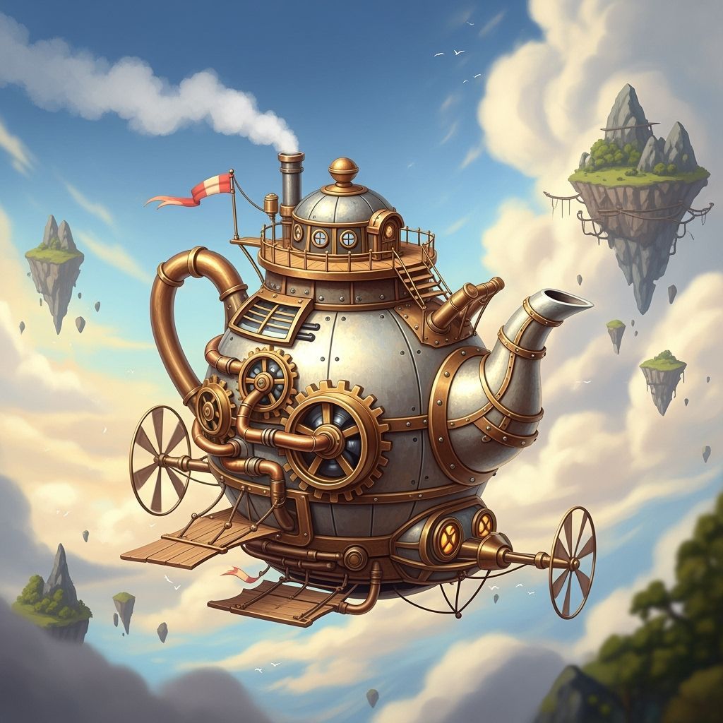 Steampunk Teapot Airship Soaring Through Whimsical Skies