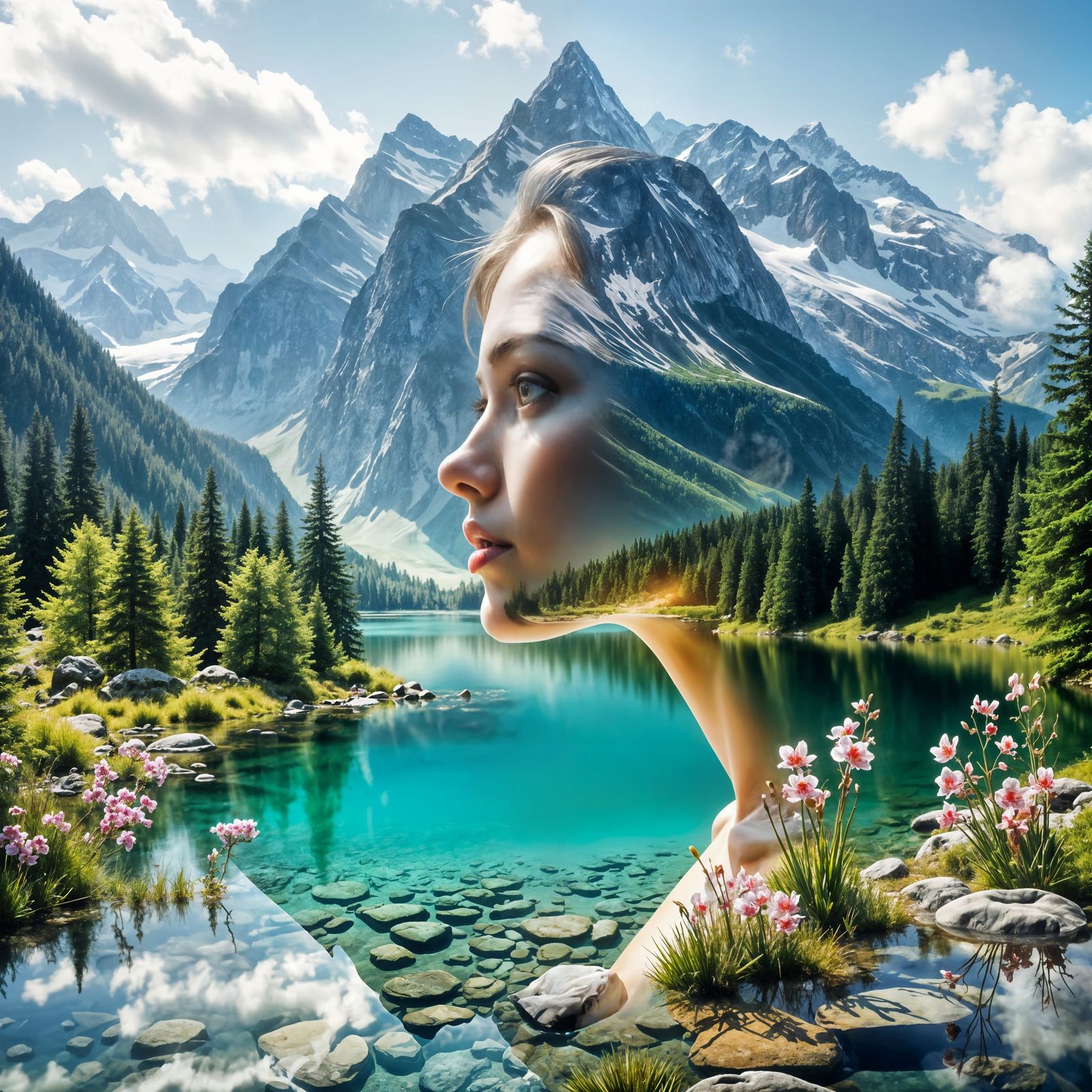 Heidi Double Exposure in Majestic Alps Oil Painting