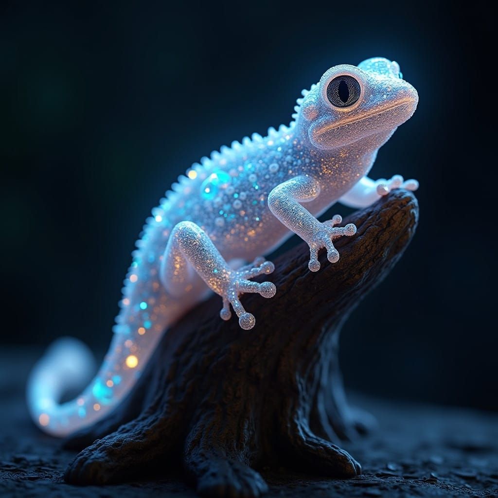 Delicate Obsidian Gecko on Gnarled Tree Stump in Magical Fan...