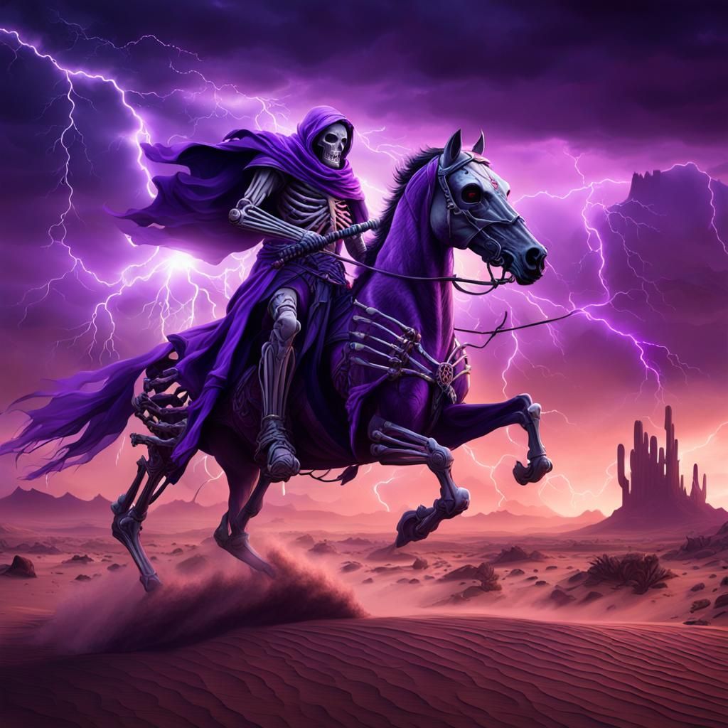 Skeleton Warrior on Horse in Desert Lightning Storm