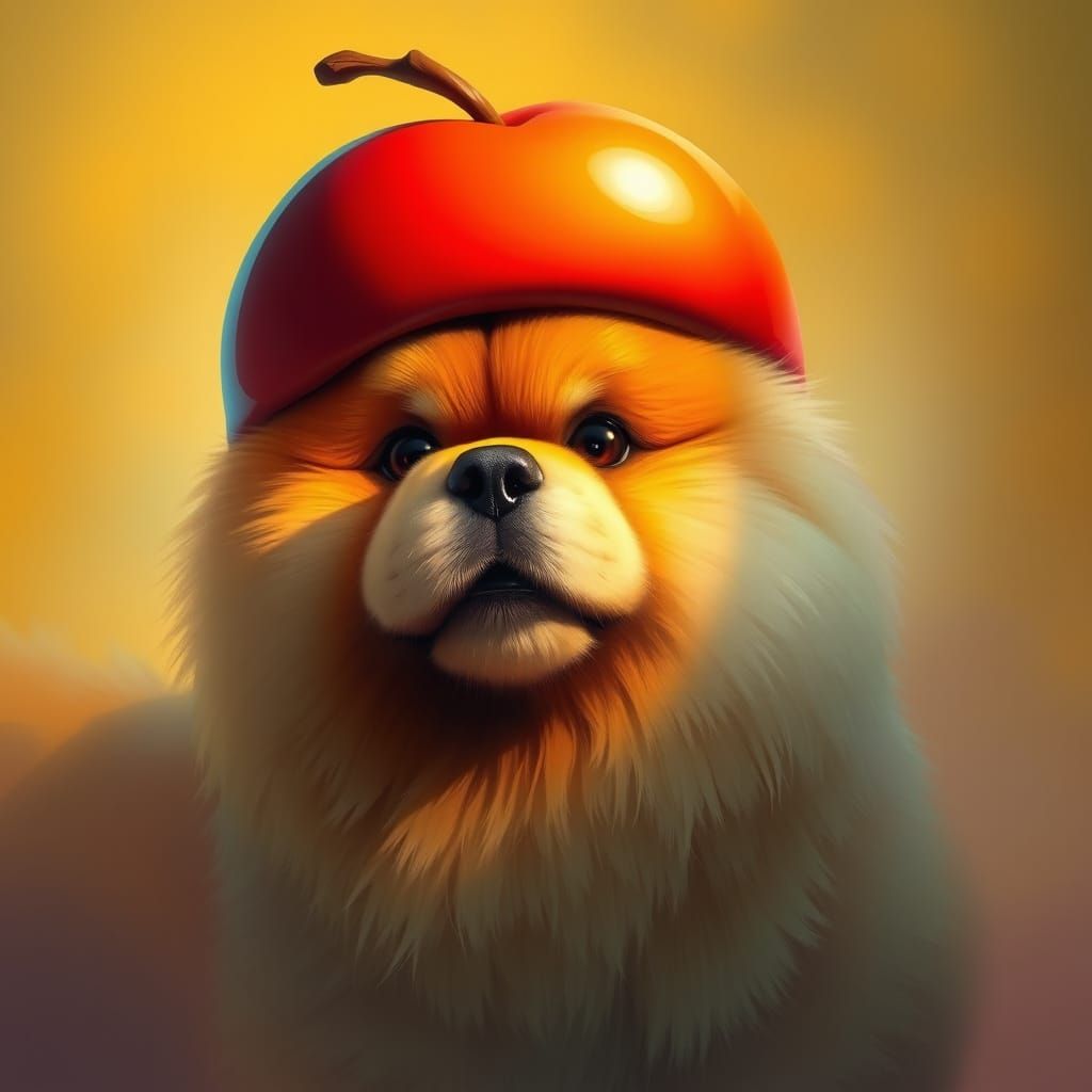 Chow Chow in Whimsical Apple Hat, Hyperrealistic and Adorabl...