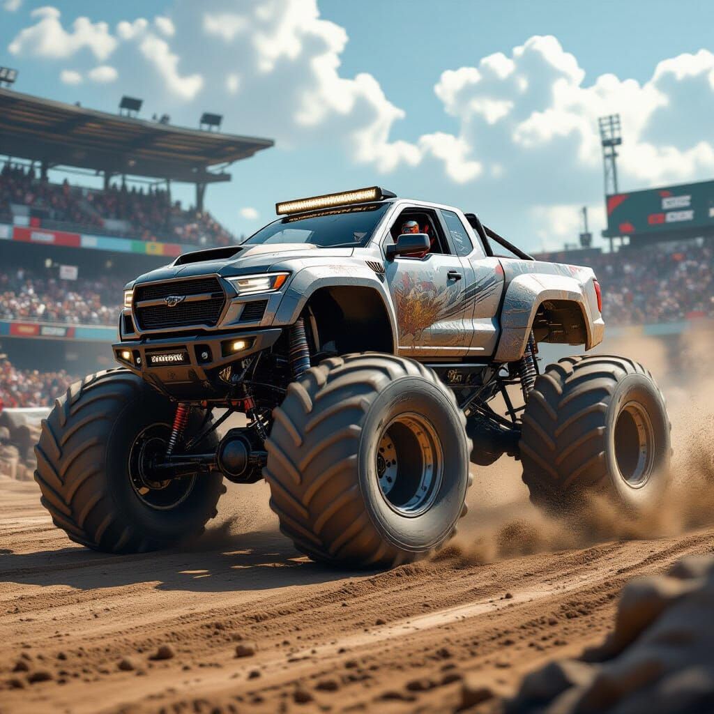 Monster Truck Racing Through Mud in Futuristic Style