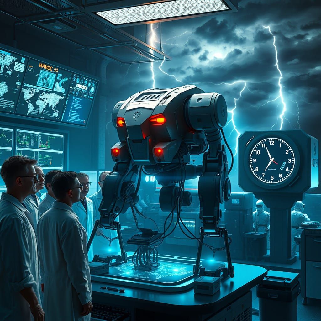 Scientists Gather Around the Havoc-1 Mech Prototype in a Ten...