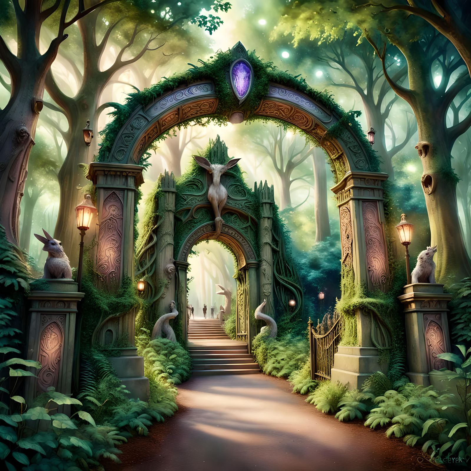 Fantasy Forest Gateway with Mythical Carvings