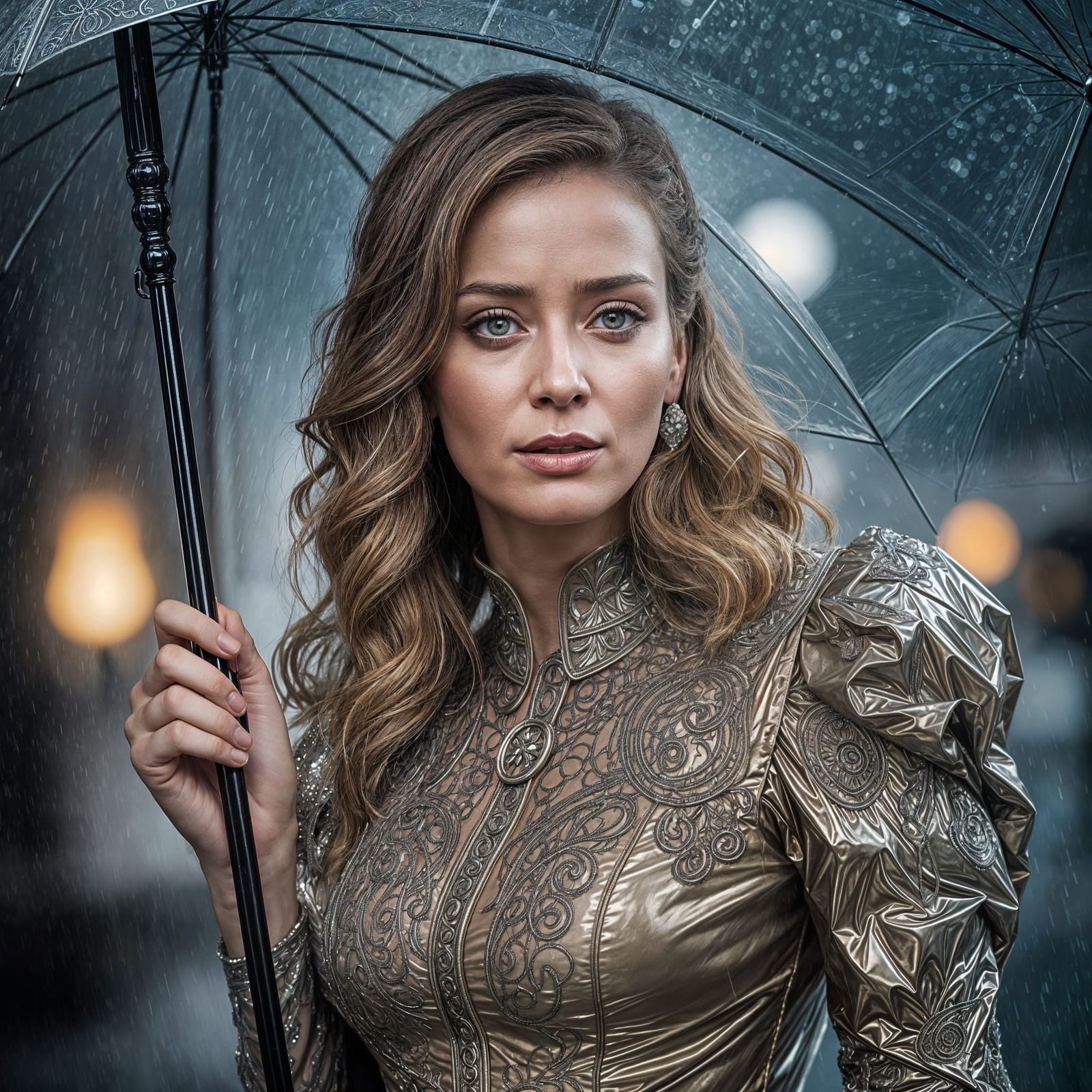 Hyperrealistic Woman in Victorian PVC Dress with Umbrella