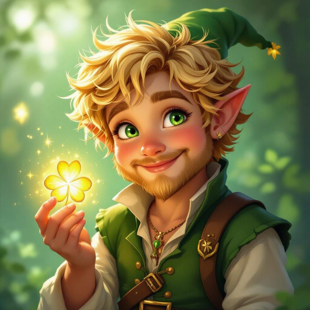 Handsome Winsome Leprechaun Holding Golden Clover