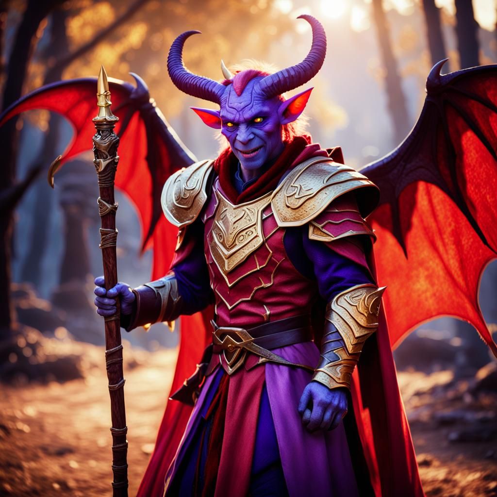 Friendly Tiefling with Glowing Staff in Cinematic Shot