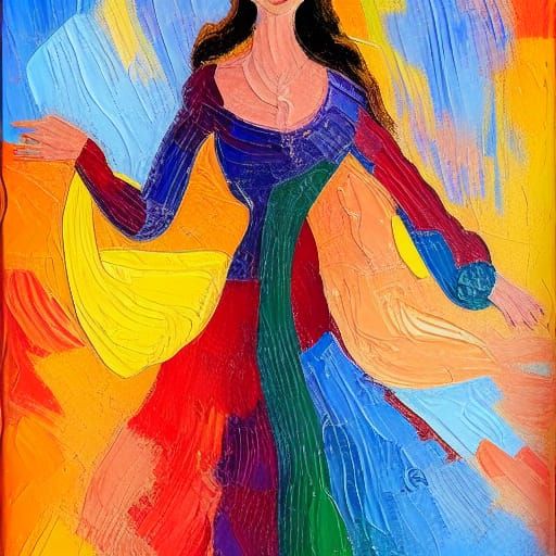 Woman in Windy Field: Neo-Impressionist Oil Painting