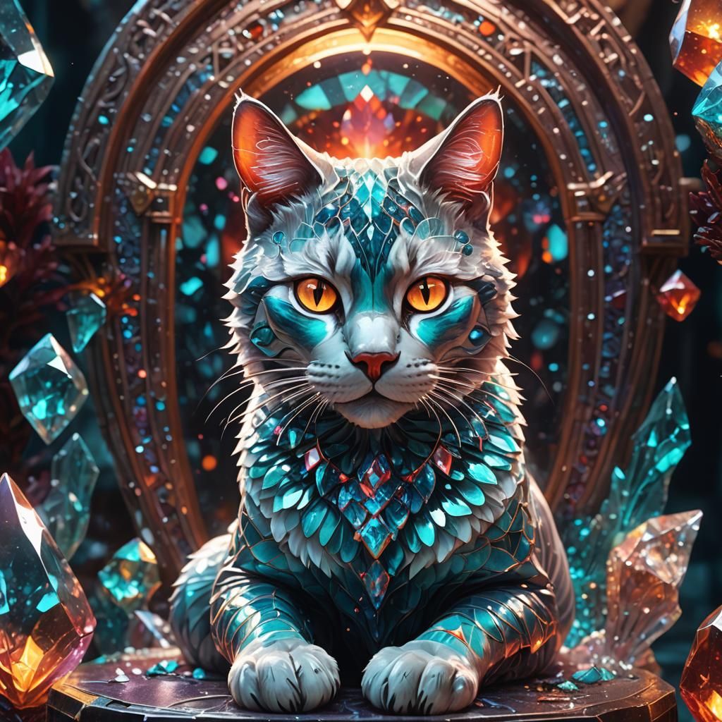 Enameled Glass Cat in Mystical Crystal Chamber