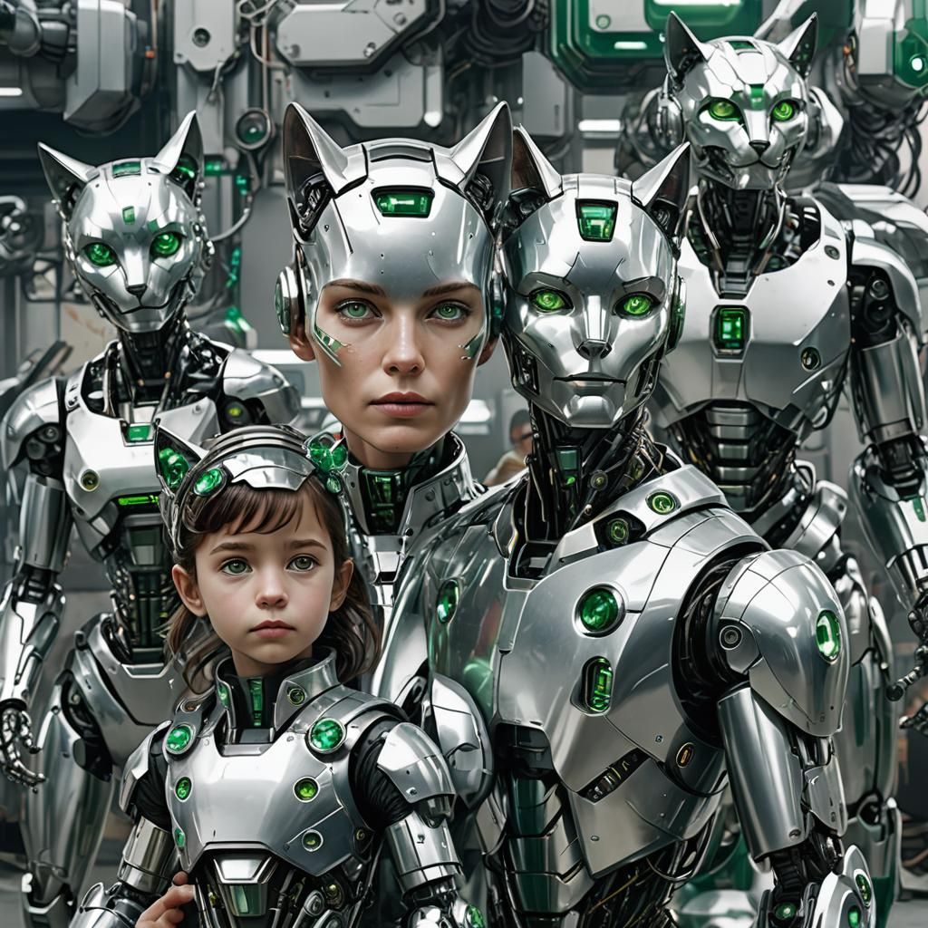 Futuristic Robotic Family with Emerald Eyes