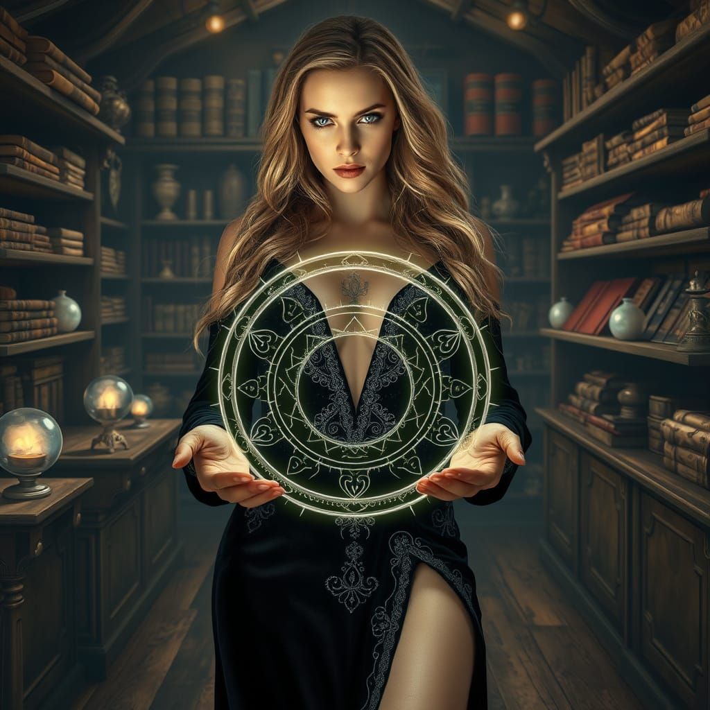 Enigmatic Saxon Sorceress in Opulent Merchant's Shop