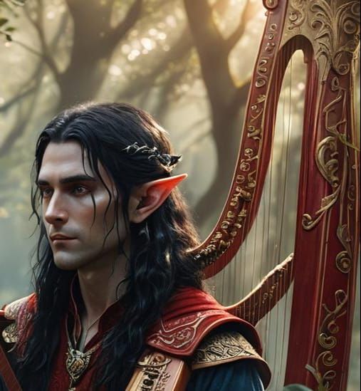 young male elf with very long black hair and blue eyes and s...