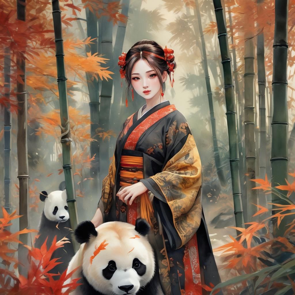 Elegant Girl with Panda in Tang Dynasty Watercolor