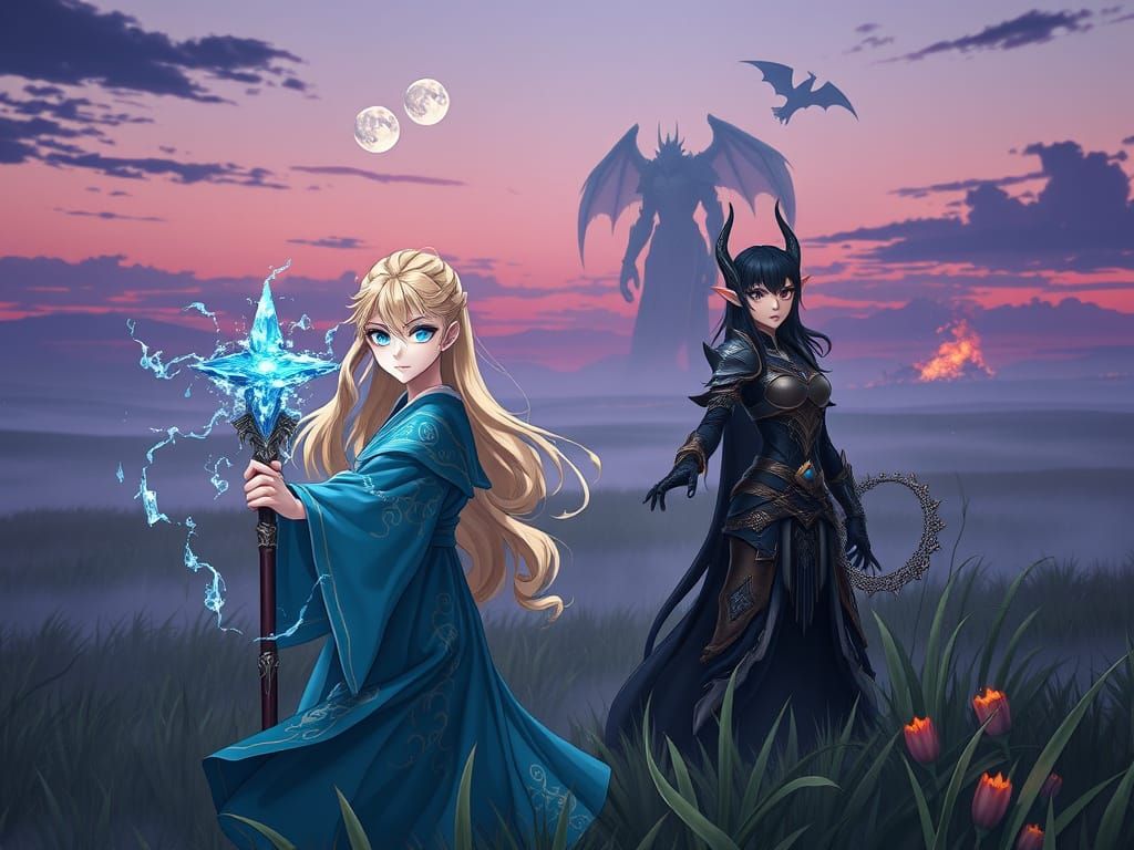 Ethereal Sorceress and Demon in a Misty Landscape, in Vibran...