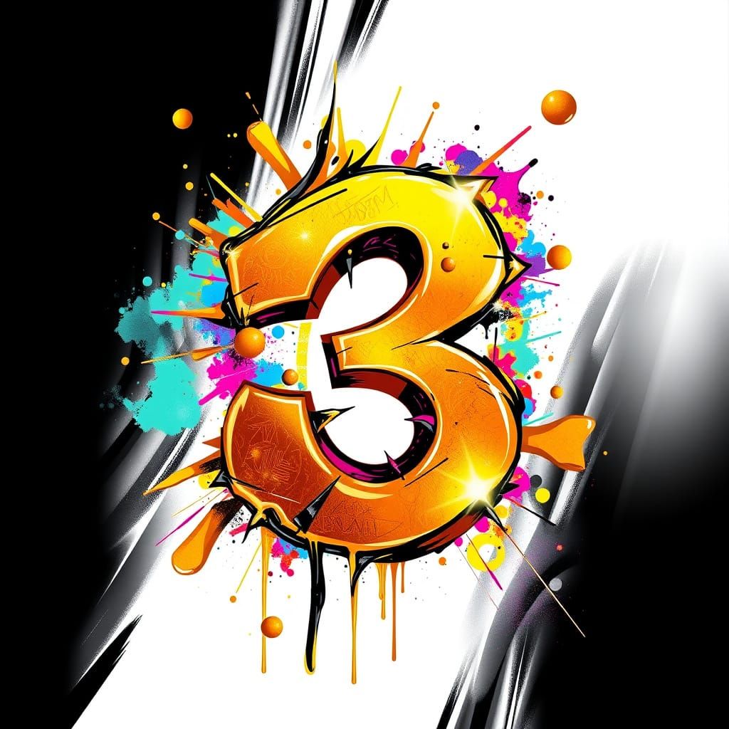 Golden Graffiti Numeral 3 in Dynamic Street Art Style