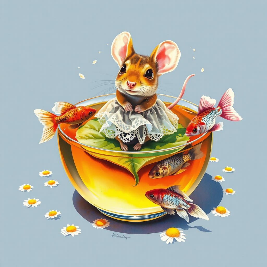 Watercolor Mouse in Chamomile Tea Cup