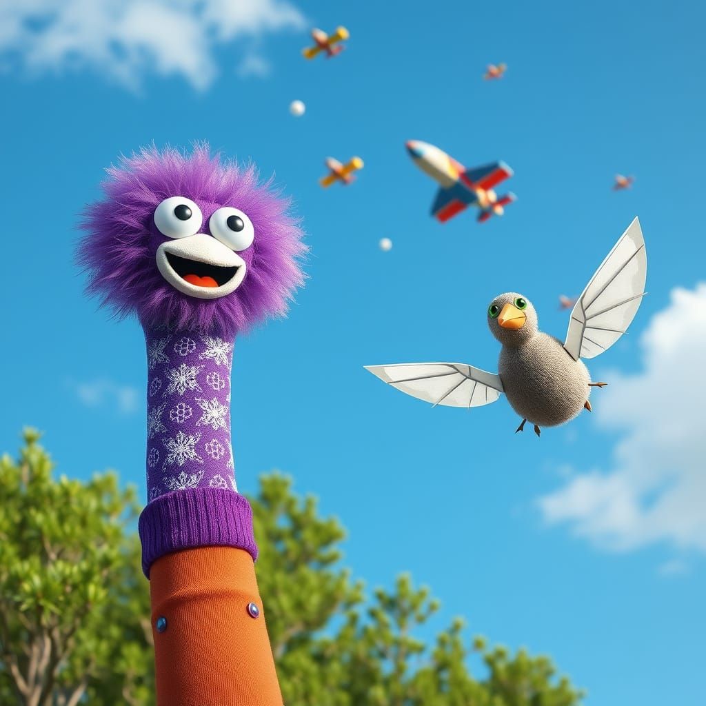 Purple and white dandelion socks with googly eyes and wide m...