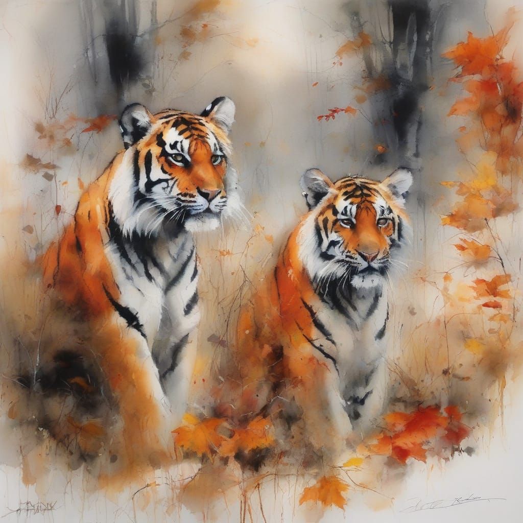 Two Tiger Cubs in Autumn Forest