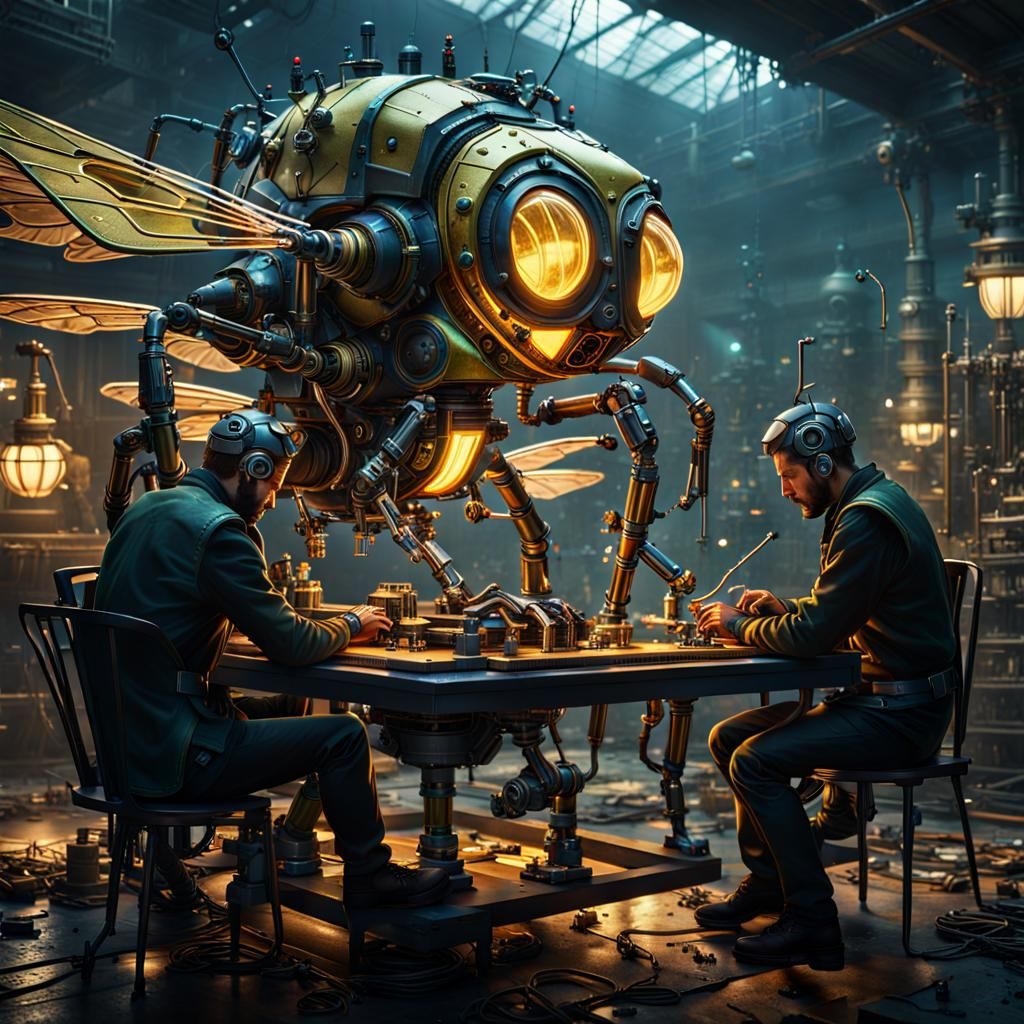 Steampunk Wasp Robot in Dark Cyberpunk Art Deco Style