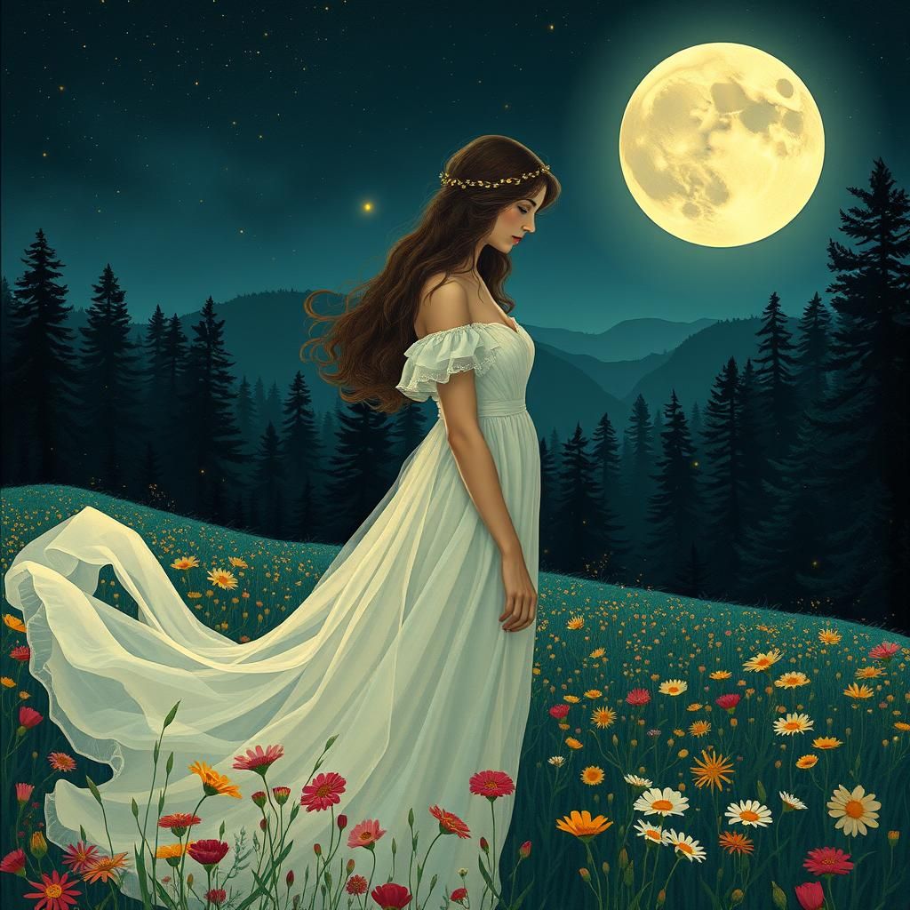 Woman in Floral Field Under Moonlight, Art Nouveau Style