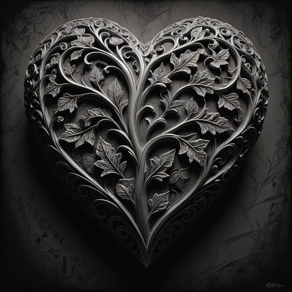 Charcoal Heart Sculpture in Dramatic Lighting